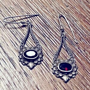 Sterling Silver & Garnet Pierced Earrings Dangles Silver Hooks Back Marked 925